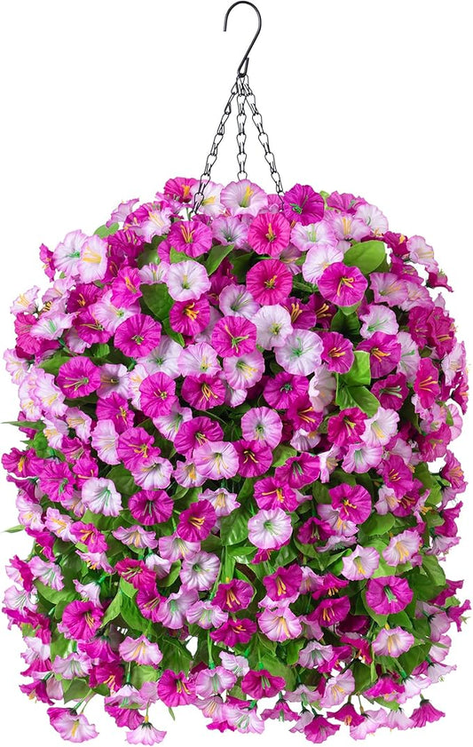 Artificial Fake Hanging Flowers Basket for Spring Decor, Faux Silk Flower in Planter for Summer, Outdoor Artificial Floral for Home Porch Yard(Double Lotus)