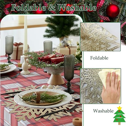 Snowflake Placemats Set of 6, Washable Christmas Placemats Snowflake Tablemats Hollow Out Round Vinyl Place Mats for Dining Table Setting Kitchen Table Mats Christmas Decoration(Gold Snowflake)