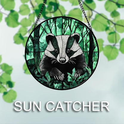 Stained Glass Window Hanging 4 Pcs Set Green Forest Night Sky Wildlife Large 11.8" - Suncatcher Door Garden Sun Catcher Decor Birthday for Mom Woman Nana Men Friend