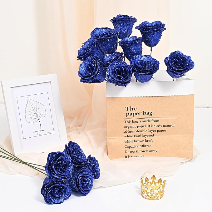 Waipfaru 24 Pcs Glitter Roses Bouquet, DIY Fake Flowers Bouquet, Artificial Blue Rose Bouquet for Valentines, Mothers Day Gifts, Anniversary, Engagement, Wedding