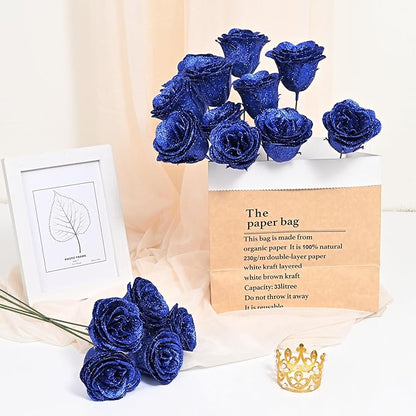 Waipfaru 24 Pcs Glitter Roses Bouquet, DIY Fake Flowers Bouquet, Artificial Blue Rose Bouquet for Valentines, Mothers Day Gifts, Anniversary, Engagement, Wedding