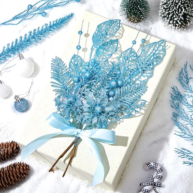 30 Pcs Artificial Christmas Tree Picks and Sprays Glitter Berry Stem Branches Holly Floral Picks Twigs Christmas Tree Ornaments for DIY Xmas Wreath Vase Filler Decorations(Lake Blue)