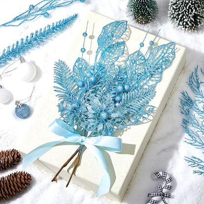 30 Pcs Artificial Christmas Tree Picks and Sprays Glitter Berry Stem Branches Holly Floral Picks Twigs Christmas Tree Ornaments for DIY Xmas Wreath Vase Filler Decorations(Lake Blue)