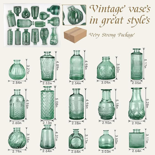 Bud Vases in Bulk 15 Pcs,Small Glass Vases for Flowers as Wedding Centerpieces for Tables,Clear Flower Vases Suitble for Wedding Decorations,Christmas,Anniversary,Birthday Party (Dark Green)