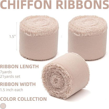 3 Rolls Light Nude Handmade Chiffon Ribbon,1.5" x 21Yd Light Khaki Frayed Fringe Silk Ribbons (3 Rolls *7Yd) for Gifts Wrapping, Wedding Invitations, Bridal Bouquets, Decorations