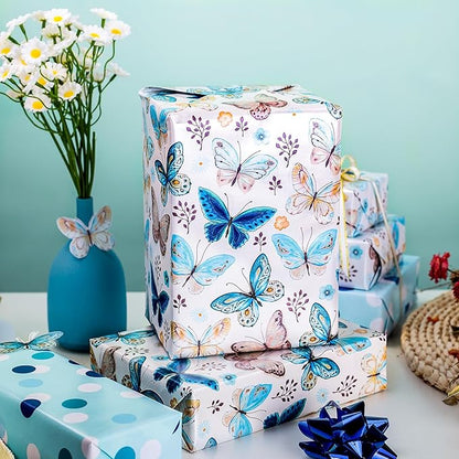 MAYPLUSS Butterfly Wrapping Paper, Vintage Watercolor Butterfly Fairy Gift Wrapping Paper for Women Girls Pearl Birthday Wrap in Blues Reversible Polka Dot for Baby Shower, Wedding (17Inch X 33Feet)