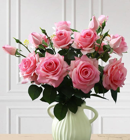 Pink Roses Artificial Flowers Indoor,Realistic Fake Flowers 5 Bouquets (15 Heads) for Living Room Decor,Real Touch Fake Plants for Bathroom Kitchen Office Wedding Centerpiece Table Bridal Shower Decor