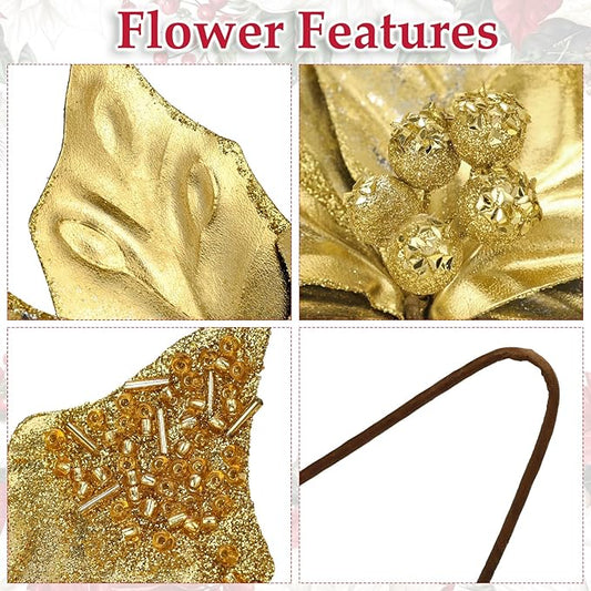 DILATATA 3 Pcs Artificial Christmas Flowers 11 Inch Glitter Poinsettia Picks Christmas Tree Ornaments Topper Decorations Gold Poinsettias Flowers for Xmas New Year Wreath Garland Wedding Party Decor