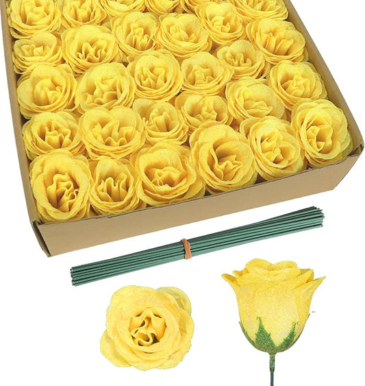30PCS Yellow Glitter Roses Artificial Flowers Fake Roses with Stems for Wedding Bouquet Party Christmas Home Decor(Yellow)