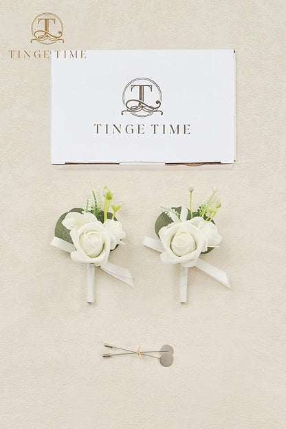 TINGE TIME 2PCS Boutonniere for Men, Groom and Groomsmen Boutonniere for Wedding, Prom, Homecoming, Anniversary, Graduation(White)