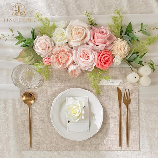 TINGE TIME Artificial Flowers Combo Mix Silk Flowers Pink Roses w/stem for DIY Wedding Bridal Bouquets Baby Shower Floral Arrangement Table Centerpieces Home Decorations (Pink & Champagne)