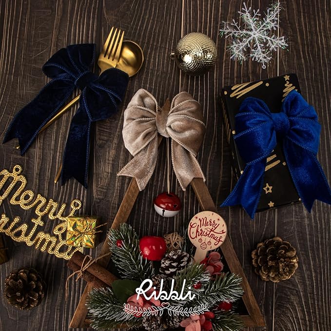 Ribbli Navy Velvet Wired Ribbon 2.5 Inch Velvet with Satin Christmas Ribbon for Gift Wrapping Christmas Tree Decoration Crafts Wreaths Supplies-Continuous 10 Yards