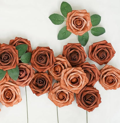 Artificial Flowers, 25pcs Artificial Rose for DIY Wedding Bouquets Centerpieces Arrangements, Shades of Terracotta Foam Roses with Stem for Bridal Shower Party Home Decorations