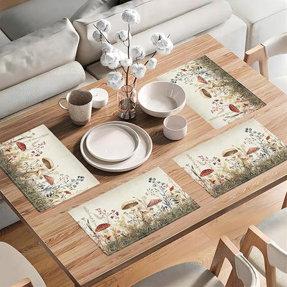 Cute Mushroom Placemats Set of 6, Flowers Plant Place Mats, Rustic Leaves Dining Table Mats, Washable Placemats for Kitchen Dining Room 18L'' × 12W''