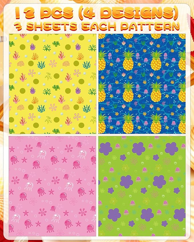 Pineraap Yellow Cartoon Wrapping Paper 12 Sheets Tropical Ocean Themed Gift Packing Paper Water Grass Jellyfish Flowers Pineapple Wrap Paper for Baby Shower Birthday Party Supplies, 20"×28"
