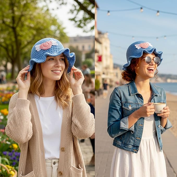 Crochet Bucket Hat for Women Flower Knit Hat Hollow Out Foldable Cap Hats