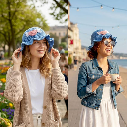 Crochet Bucket Hat for Women Flower Knit Hat Hollow Out Foldable Cap Hats