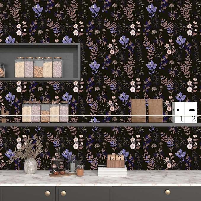 Black Floral Wallpaper Peel and Stick Purple Leaf Contact Paper 17.4" X 118" Moody Dark Wallpaper Waterproof Self-Adhesive Vintage Wall Covering for Bedroom Countertop Desk Cabinets Decor