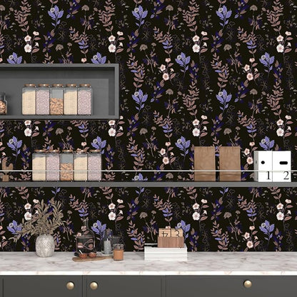 Black Floral Wallpaper Peel and Stick Purple Leaf Contact Paper 17.4" X 118" Moody Dark Wallpaper Waterproof Self-Adhesive Vintage Wall Covering for Bedroom Countertop Desk Cabinets Decor