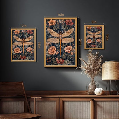 LLEEMPI William Morris Wall Art, Vintage Dragonfly Floral Wall Decor, Abstract Insect Flower Canvas Painting, Nature Botanical Poster Print for Living Room Bedroom Bathroom Office Wood Framed 8x10 inch