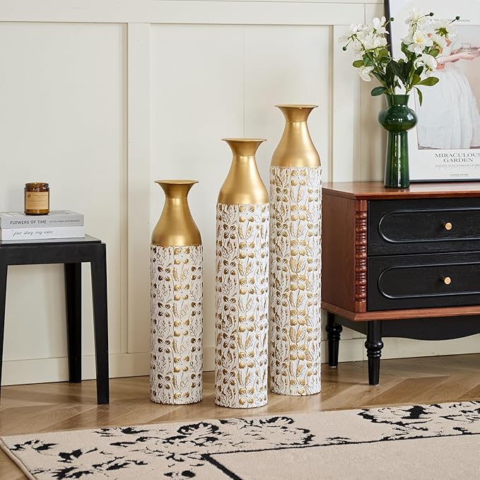 Gilded White 3D Relief Flower Metal Vase Set of 3, Elegant Tall Cylinder Vases for Home Decoration, Modern Gold & White Decorative Floor Vases for Living Room or Entryway