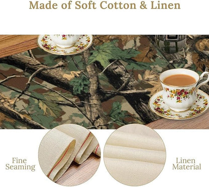 Forest Camouflage Table Runner, Camo Conifer Oak Branches Leaves Military Mossy Lodge Country Camp Cabin Theme Dinner Table Runner for Home Kitchen Dining Table Decoration 13"x36"