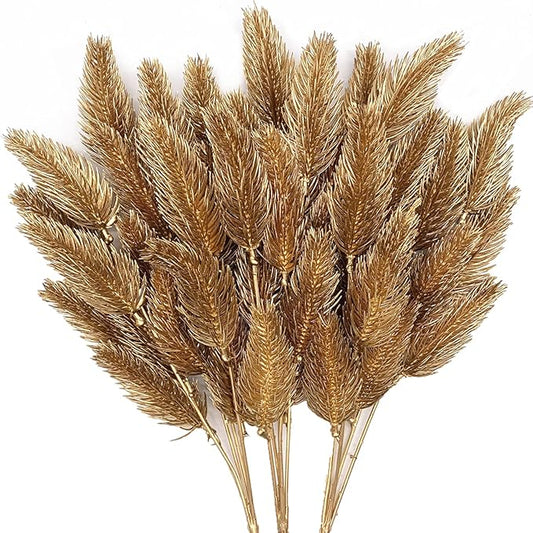 CATTREE Artificial Gold Plants Plastic Fake Grass Faux Shrubs Simulation Bushes Home Indoor Outdoor Garden Leaves Wedding Festival Decoration Hall Table Planter Filler Pine Cones Golden - 3 Pack