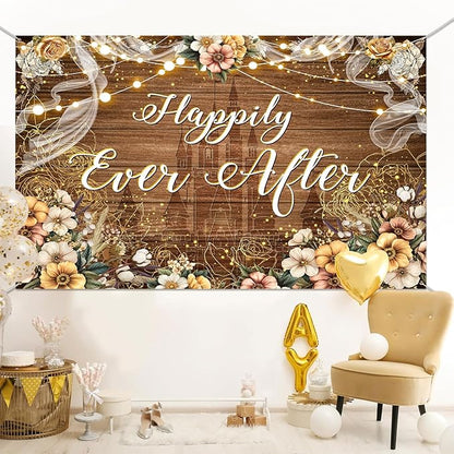 Happily Ever After Backdrop Bridal Shower Wedding Party Brown Wood Photography Background Boho Floral Golden Rose Dots Wedding Decor Banner Portrait Photo Booth Studio Props 9x6ft FU072YL