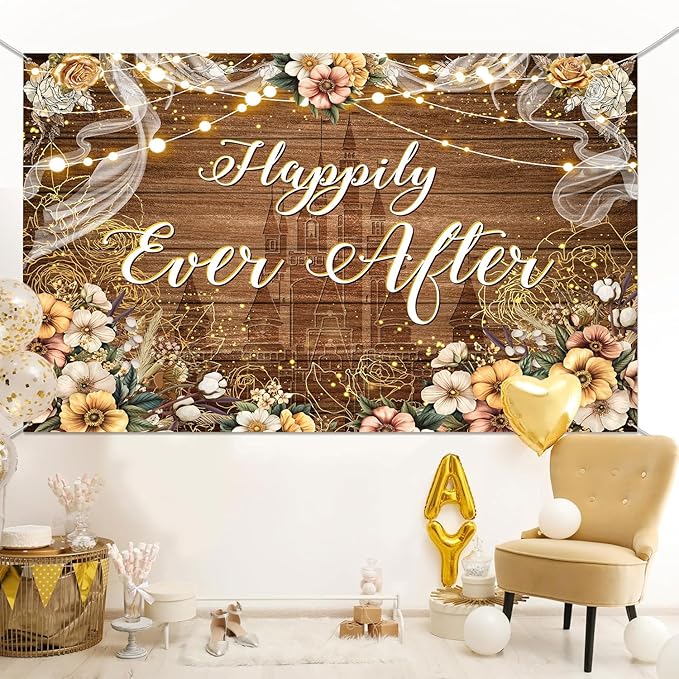 Happily Ever After Backdrop Bridal Shower Wedding Party Brown Wood Photography Background Boho Floral Golden Rose Dots Wedding Decor Banner Portrait Photo Booth Studio Props 7x5ft FU037YL
