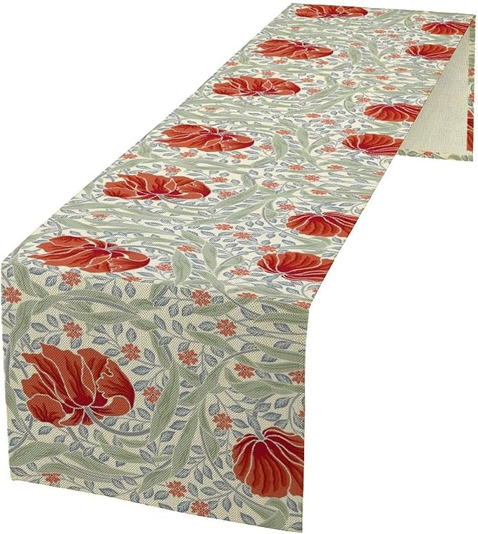 William Morris Table Runner, Retro Red Flowers Green Botanical Country Farmhouse Tabletop Decoration for Kitchen Dining Home Party 13x70 Inch