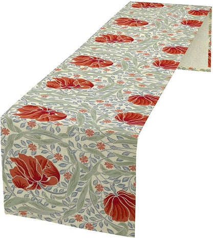 William Morris Table Runner, Retro Red Flowers Green Botanical Country Farmhouse Tabletop Decoration for Kitchen Dining Home Party 13x120 Inch