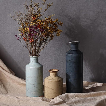Ceramic Vase Set of 3, Crackle Glaze Decorative Flower Vases for Dried or Fresh Arrangements, Modern Farmhouse Decoration Table Shelf Centerpiece for Living Room, Dining, Fireplace, Entryway