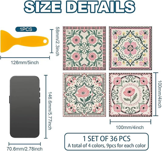CHGCRAFT 36 Pcs 4 Style Wall Stickers Pink Flower Pattern Peel and Stick Wall Tile Sticker Vintage Flower Waterproof Self Adhesive Stick on Tile Decals for Kitchen Bathroom Art Decor, 4×4 Inch
