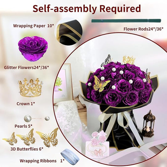 Glitter Roses Bouquet, Shiny Artificial Roses Flowers with Stems DIY Fake Glitter Flowers Bouquet for Valentine's Day, Mother's Day, Anniversary, Graduation, Birthday, Wedding, 24 Roses (Purple)