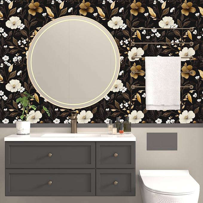 Black Gold Floral Wallpaper Peel and Stick 17.4" X 118" Golden Leaf Small Flower Contact Paper Floral Pattern Removable Self Adhesive Covering for Bedroom Cabinet Bathroom Home Decor Black Dark