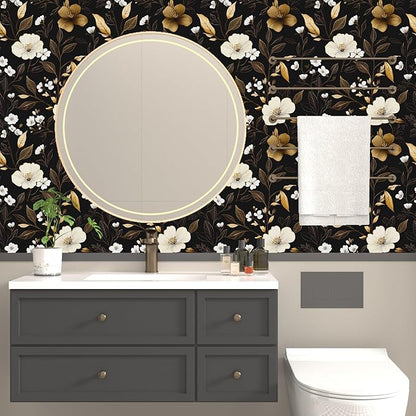 Black Gold Floral Wallpaper Peel and Stick 17.4" X 118" Golden Leaf Small Flower Contact Paper Floral Pattern Removable Self Adhesive Covering for Bedroom Cabinet Bathroom Home Decor Black Dark