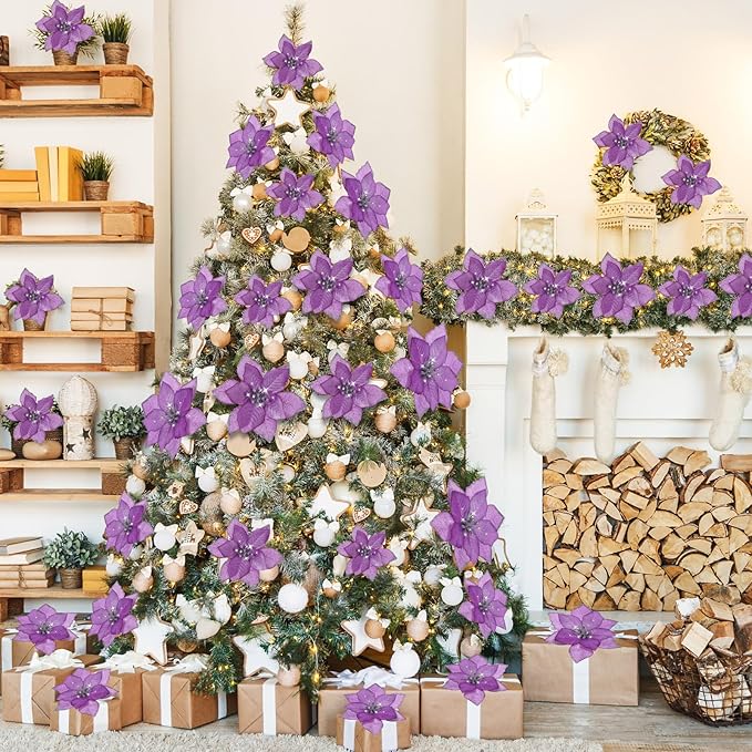 WILLBOND 24 Pcs 3 Size Poinsettia Flower Artificial Christmas Decor Glitter Poinsettia Christmas Ornaments Faux Flowers for Xmas Tree Outdoor(3.2/4/6 Inches,Purple)