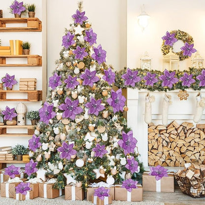WILLBOND 24 Pcs 3 Size Poinsettia Flower Artificial Christmas Decor Glitter Poinsettia Christmas Ornaments Faux Flowers for Xmas Tree Outdoor(3.2/4/6 Inches,Purple)