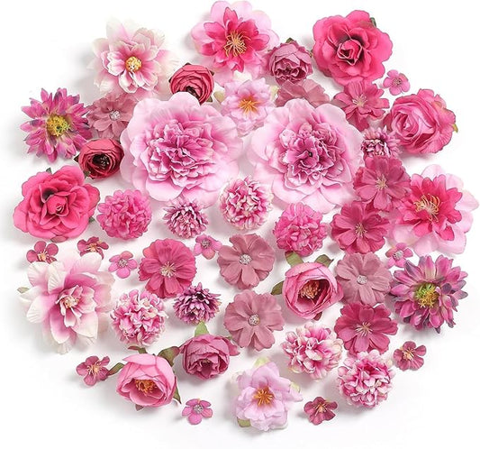 Artificial Flowers Heads Combo Rose Red Flowers Mix Silk Flowers Heads Pink Bulk Faux Rose for Craft Garland Graduation Cap Wedding Bridal Baby Shower Home Party Decoration DIY Cake Decor