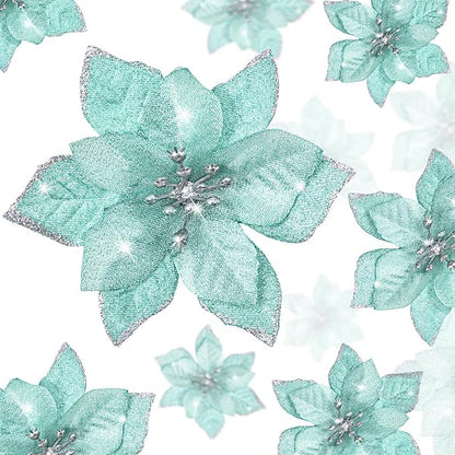 WILLBOND 24 Pcs 3 Size Poinsettia Flower Artificial Christmas Decor Glitter Poinsettia Christmas Ornaments Faux Flowers for Xmas Tree Outdoor(3.2/4/6 Inches,Blue and Green)