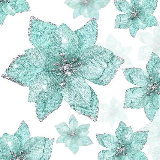 WILLBOND 24 Pcs 3 Size Poinsettia Flower Artificial Christmas Decor Glitter Poinsettia Christmas Ornaments Faux Flowers for Xmas Tree Outdoor(3.2/4/6 Inches,Blue and Green)