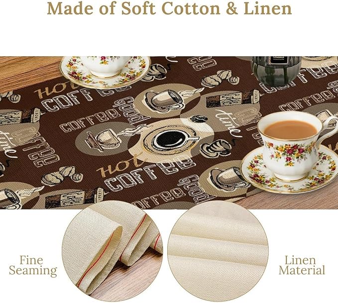 Coffee Theme Table Runner Vintage Coffee Beans Mug Cup Dinner Runner Table Decoration for Farmhouse Cabin Home Kitchen Dining Holiday Party 13x120in