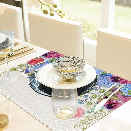 Vintage Floral Botanical Butterfly Placemats Set of 6, 12x18 Inch Waterproof Stain Resistant Linen Table Placemats Summer Seasonal Farmhouse Kitchen Party Decor Home Decor