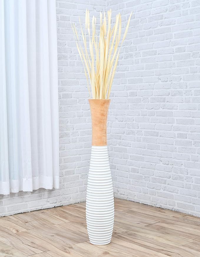 Leewadee Large Floor Vase – Handmade Flower Holder Made of Wood, Sophisticated Vessel for Decorative Branches and Dried Flowers, 36 inches, Ecru White