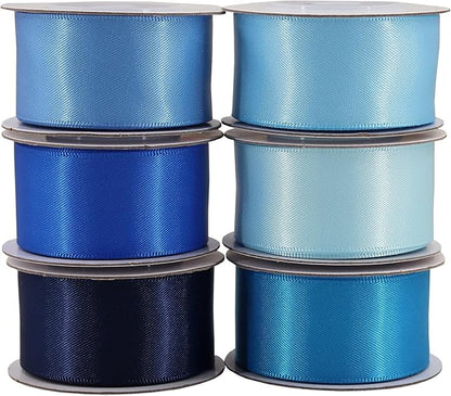 Double-Face Blue Satin Ribbon for Gift Wrapping, Wedding, Baby Shower, Boy 6 Colors Satin Ribbon 1" X 5 Yard Each Total 30 Yds Per Package