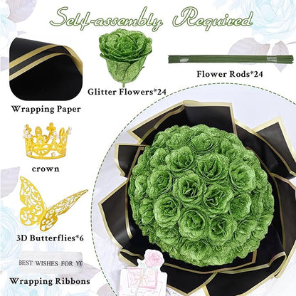 Waipfaru Glitter Roses Bouquet, DIY Green Fake Flowers Bouquet, Birthday Gifts for Women Mom, 24 Pcs Rose for Wife Girlfriend Valentines, Mothers Day, Graduation, St. Patrick's Day