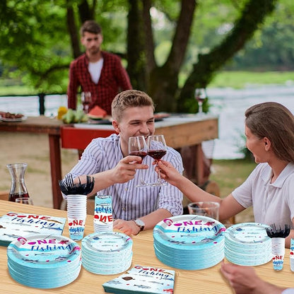 Gone Fishing Birthday Party Plates and Napkins Decorations Kit, Ofishally One Fisherman Tableware Supplies for Birthday Little Fisherman Favors Party Decor Service 24 Guests