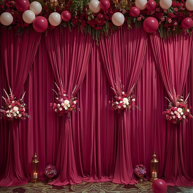Burgundy Backdrop Curtain 10 Panels-Wrinkle-Free Burgundy Curtains Polyester Photography Drapes for Baby Shower Birthday Party Photo Background Backdrop Stand- 40 X10FT