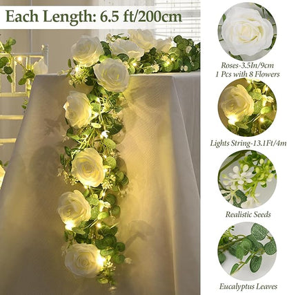 Dolicer 2Pcs 13Ft Artificial Eucalyptus Garlands with Flowers - 8 Roses, Faux Floral Greenery Garlands with 13Ft String Lights Fake Flower Vines for Wedding Table Centerpieces Arch Party Decor (White)
