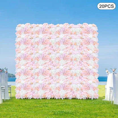 20 Pack Flowers Wall Panels Artificial Flowers Wall Decoration Flower Wall Mat Silk Flower Panels Rose Hydrangea Wall Backdrop for Wedding Party Home Christmas Festival, 24 x 16 inch (B)